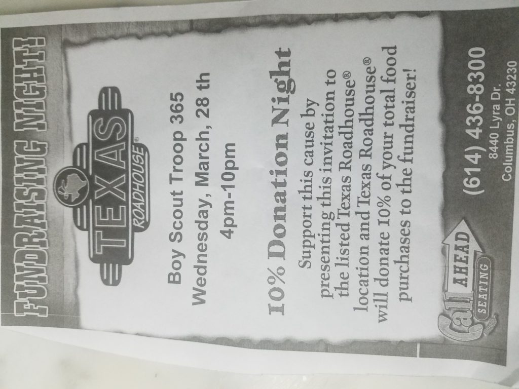 Texas roadhouse fundraiser flyer BSA Troop 365